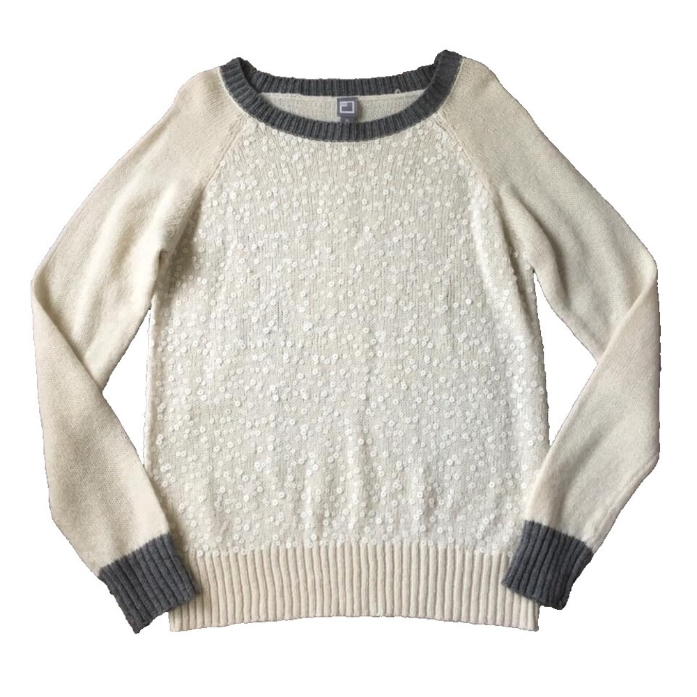 Sequin Sweater Top Women XL Cream Gray Long Sleeve Glam Pullover Wool Blend
